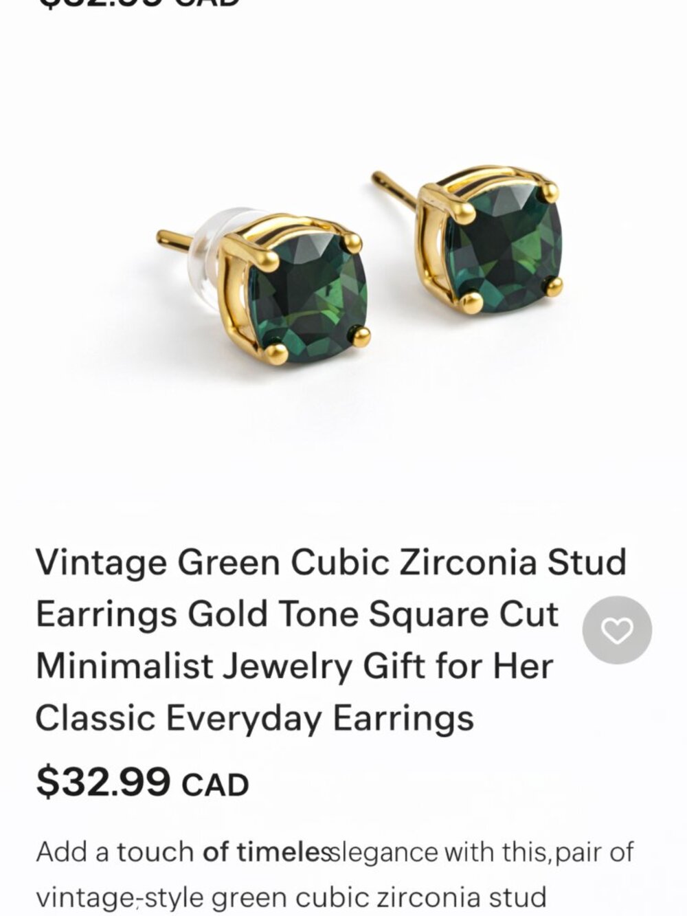 SE-52-Vintage Green CZ Stud Earrings Gold Tone Minimal Classic Everyday Jewelry - Picture 5 of 7